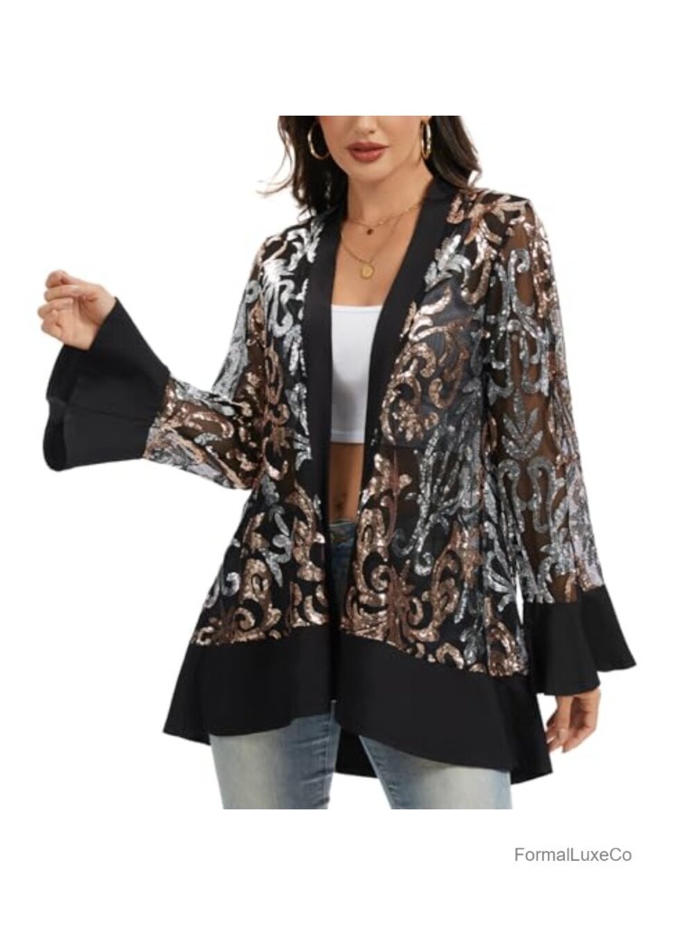 Sequin Lace Mesh Cardigan Jacket Open Front Party Evening Wear